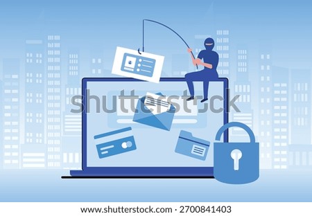 Phishing scam, hacker crime attack and personal data security concept. Hacker try to unlock the key on computer and phishing account, stealing password. cyber security vector illustration
