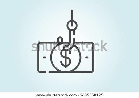 Phishing Scam Icon – Stylized Dollar Bill Hooked by Fishing Line Representing Financial Fraud, Cybersecurity Threats, and Online Deception