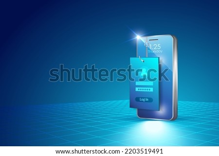 Phishing scam, online phishing user password on smartphone. Fake web template with phishing hook steal password from website user. Cyber crime attack.