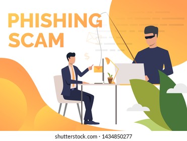 Phishing Scam Poster Template. Scammer Hacking Into Corporate Email Server. Hacker Attack Concept. Vector Illustration Can Be Used For Banners, Presentations, Landing Pages