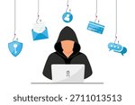 Phishing and scam vector illustration. Hacker with a laptop. 