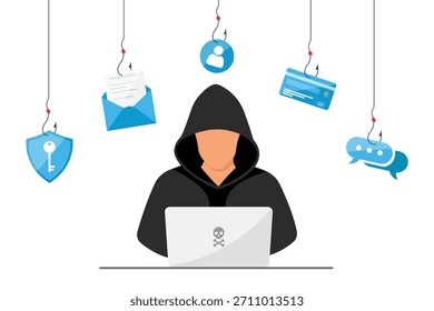 Ilustração de vetor de phishing e scam. Hacker com um laptop. 