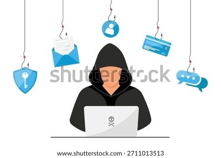 Phishing and scam vector illustration. Hacker with a laptop. 