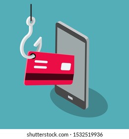 Phishing Scam vector symbol with cell phone, red credit card and fishing hook isolated on blue background. Flat design, easy to use for your website or presentation.