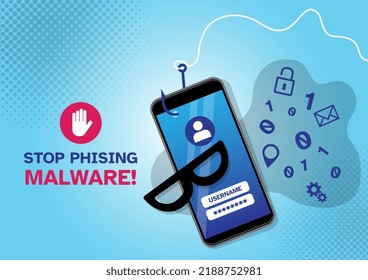 Phishing-Betrug, Vektorsymbol mit Handy, Sicherheitspasswort und Angelhaken einzeln auf blauem Hintergrund