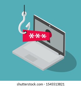 Phishing scam vector symbol with laptop, red security password and fishing hook isolated on blue background. Flat design, easy to use for your website or presentation.