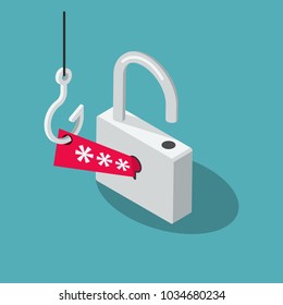 Phishing Scam Vektorsymbol mit Vorhängeschloss, rotem Sicherheitskennwort und Angelhaken einzeln auf blauem Hintergrund. Flaches Design, einfach zu bedienen für Ihre Website oder Präsentation.