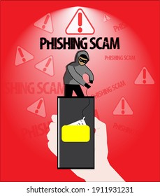 Phishing scam, web security and hacker  vector concept . Illustration of a hacker stealing information from a phone 