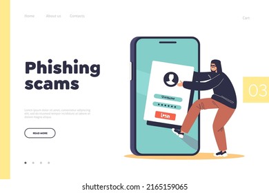 Phishing Scams Concept Of Landing Page With Cyber Criminal Stealing Personal Information From Smartphone. Hacker Steal Data From Mobile Phone Profile. Vector Illustration