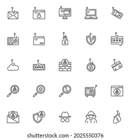 Phishing scams line icons set. Cyber attack linear style symbols collection, outline signs pack. Phishing attacks vector graphics. Set includes icons as money stealing, computer virus, website bug