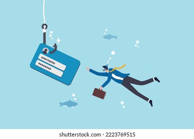 Phishing oder Stehlen von persönlichen Daten, gefälschter Login-Bildschirm zum Hack Benutzername, Passwort, Cyber-Sicherheit oder Drohing-Website-Konzept, Business-Mann tauchen auf unbekannten Fischer-User-Account Phishing-Login.