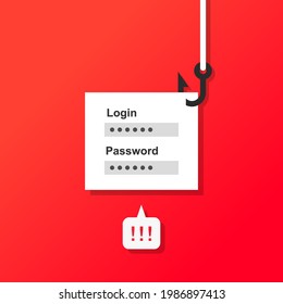 Phishing, thief stealing login, account and password information with a fishing hook. Warning and alert sign with exclamation mark on red background.