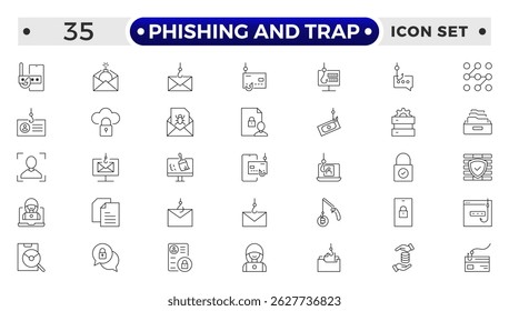 Phishing and Trap outline icon set. Guard, cyber security, password, smart home, safety, data protection, key, shield, lock, unlock, eye access. 
