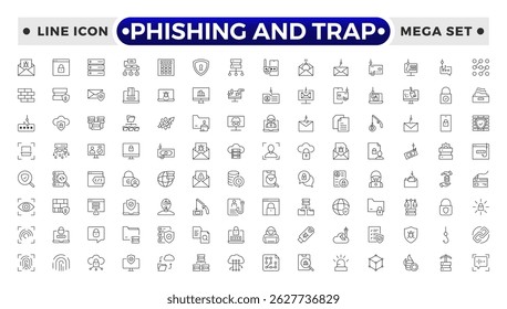 Phishing and Trap outline icon set. Guard, cyber security, password, smart home, safety, data protection, key, shield, lock, unlock, eye access. 
