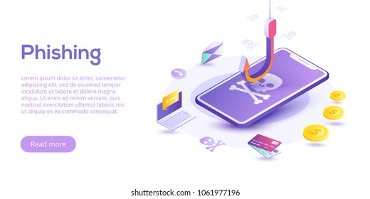 Phishing via internet isometric vector concept illustration. Email spoofing or fishing messages. Hacking credit card or personal information website. Cyber banking account attack. Online sucurity.