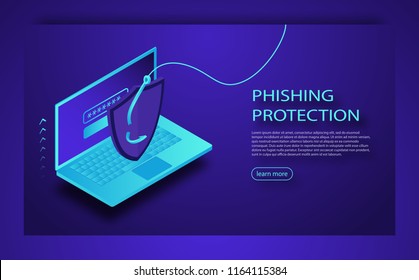 Phishing via internet isometric vector concept illustration. Hacking credit card or personal information website. Cyber banking account attack. Phishing Protection Concept. Online sucurity.