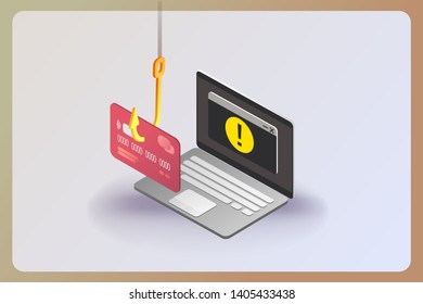 Phishing via internet isometric vector concept illustration. Hacking credit card personal information. Mobile data security, online payment. Secure bank transaction with password verification internet