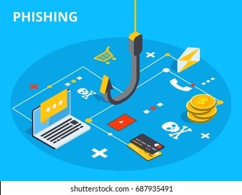 Phishing via internet isometric vector concept illustration. Email spoofing or fishing messages. Hacking credit card or personal information website. Cyber banking account attack. Online sucurity.
