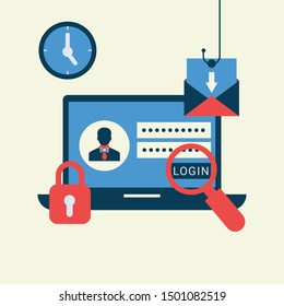 Phishing via internet vector concept illustration. Fishing by email spoofing or instant messaging. Hacking credit card or personal information through website.