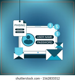 Phishing via internet vector concept illustration. Fishing by email spoofing or instant messaging