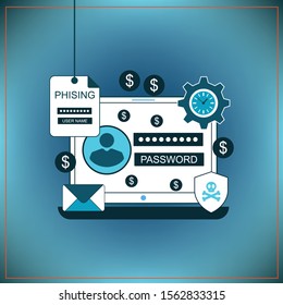 Phishing via internet vector concept illustration. Fishing by email spoofing or instant messaging