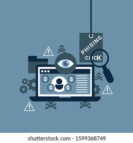 Phishing via internet vector concept illustration. Fishing by email spoofing or instant messaging. Hacking credit card or personal information through website