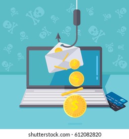 Phishing via internet vector concept illustration. Fishing by email spoofing or instant messaging. Hacking credit card or personal information through website. Cyber banking account attack.