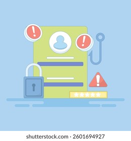 phishing web concept. suspicious login page warning notification. beware of phishing websites. security and prevention. monitor with login page, hook and lock. flat style design illustration.