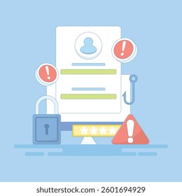 phishing web concept. suspicious login page warning notification. beware of phishing websites. security and prevention. monitor with login page, hook and lock. flat style design illustration.