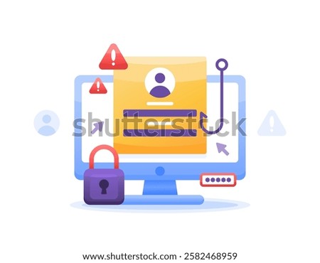phishing web concept. suspicious login page warning notice. beware of phishing websites. security and prevention. illustration of a computer monitor with a login page, hook and lock. flat style design