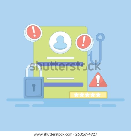 phishing web concept. suspicious login page warning notification. beware of phishing websites. security and prevention. monitor with login page, hook and lock. flat style design illustration.