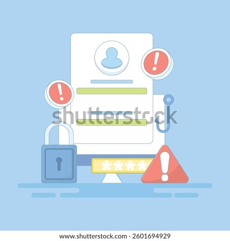 phishing web concept. suspicious login page warning notification. beware of phishing websites. security and prevention. monitor with login page, hook and lock. flat style design illustration.