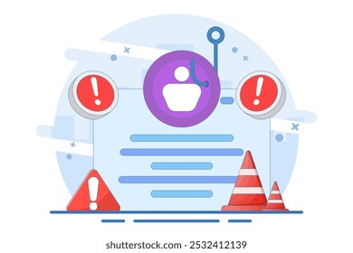 concepto de advertencia de Sitio web de phishing. Sitio web peligroso y sospechoso. prevención de robo de Cuenta. ilustración de Página de inicio de sesión con cruz y advertencia. Ilustración vectorial plana sobre fondo.
