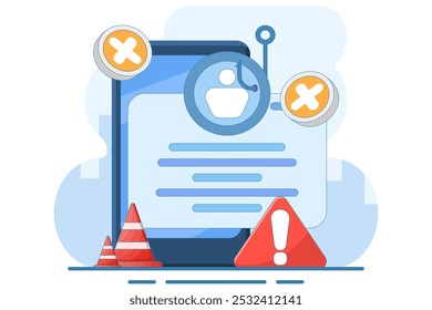 conceito de aviso de site de phishing. site perigoso e suspeito. prevenção contra roubo de conta. ilustração de página de logon com cruz e aviso. ilustração de vetor plana no plano de fundo.