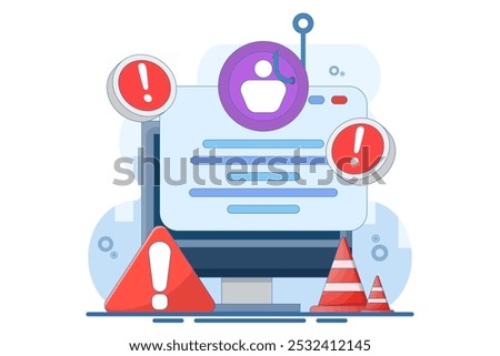 phishing website warning concept. dangerous and suspicious website. account theft prevention. login page illustration with cross and warning. flat vector illustration on background.