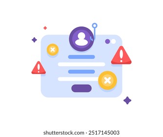 Concepto de advertencia de Sitio web de phishing. Sitios web maliciosos y sospechosos. Prevención del robo de Cuenta. Ilustración de Página de inicio de sesión con cruz y signo de advertencia. Diseño de estilo plano. Elementos