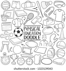 Phisical Education Subject. Traditional Doodle Icons. Sketch Hand Made Design Vector Art.