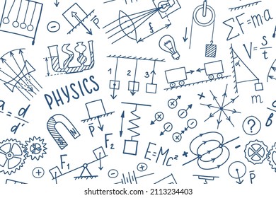 Phisics symbols doodle seamless pattern. Science subject cover template design. Education study concept. Back to school sketchy background for notebook, not pad, sketchbook.