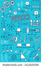 Phisics symbols icon set. Science subject doodle design. Education and study concept. Back to school sketchy background for notebook, not pad, sketchbook.
