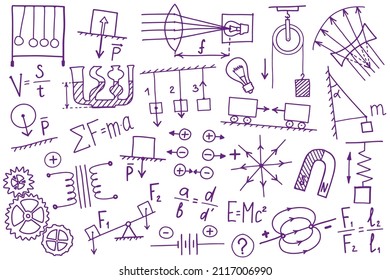 Phisics symbols icon set. Science subject doodle design. Education and study concept. Back to school sketchy background for notebook, not pad, sketchbook.