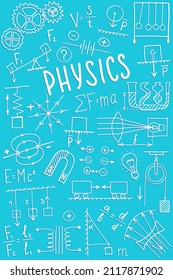 Phisics symbols icon set. Science subject doodle design. Education and study concept. Back to school sketchy background for notebook, not pad, sketchbook.