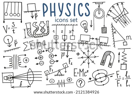 Phisics symbols icon set. Science subject doodle design. Education and study concept. Back to school sketchy background for notebook, not pad, sketchbook.