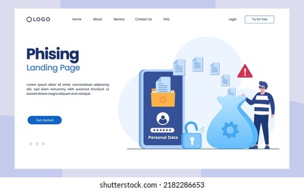 Phising, metáforas de protección de datos establecidas. Base de datos, ciberseguridad, control, protección de servicios informáticos e información electrónica. Pancarta de ilustraciones de metáforas de concepto aislado de vectores	