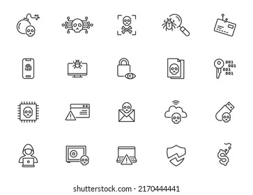 Phising Email Scam Vector Line Icon Set. Fishing Fraud Hook Steal Money Phising Malware