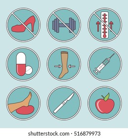 Phlebology set flat vector icons. Varicose veins. Varicose vector icons.