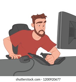 Phlegmatic man sits at the table and looks at the keyboard that broke