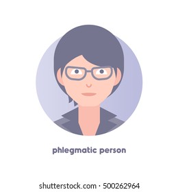 Phlegmatic person. Type of temperament. Flat icon of neutral emotionless boy. Modern vector illustration of man with black hair. Image is out of circle range. Avatar for web.