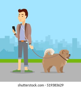 Phlegmatic temperament type boy walking with dog. Relaxed and peaceful male having fun with pet. Thoughtful, calm, patient gentleman with phone in urban city. Absent minded guy. Vector in flat style