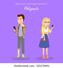 Phlegmatic type of human temperament concept. Calm young woman and man characters watching on mobile phones flat vector. People personality reactions and problems. For psychological tests illustrating