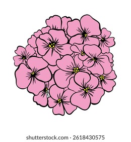 Flor de Phlox con hojas. Ilustración botánica de Vector aislado: retro, vintage, dibujado a mano, blanco y negro, contorno. Para invitación de boda, tarjeta, impresión, tatuaje. Hermosa Ilustración vectorial